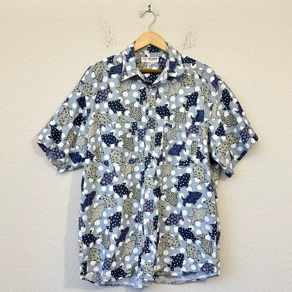 Vintage GUESS Shirt Blue Fish Floral All Over Print Button Up Cotton USA